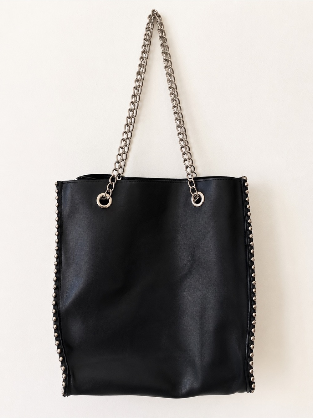 Black Stud-Trim Tote Bag with Chain Straps